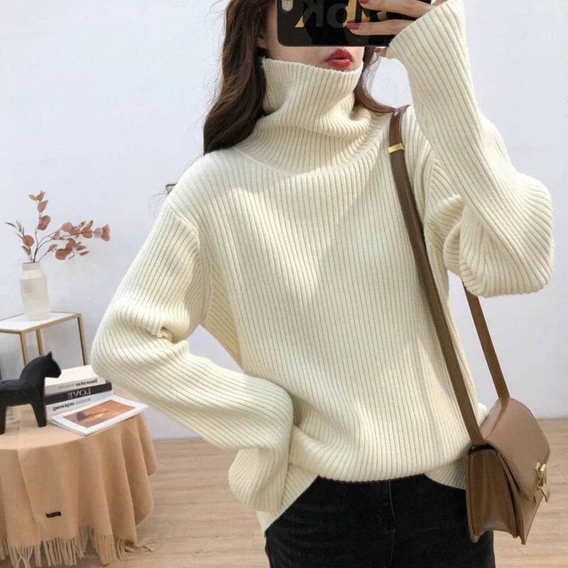 Nukty Turtleneck Knitted Women Sweater - Streetwear Long Sleeve Pullover