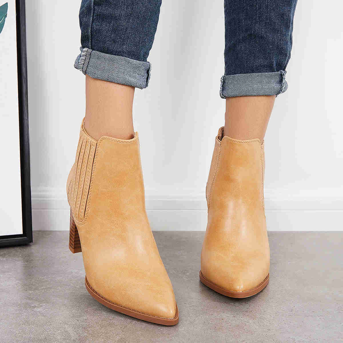 Pointed Toe Chunky High Heel Ankle Boots Slip on Western Booties