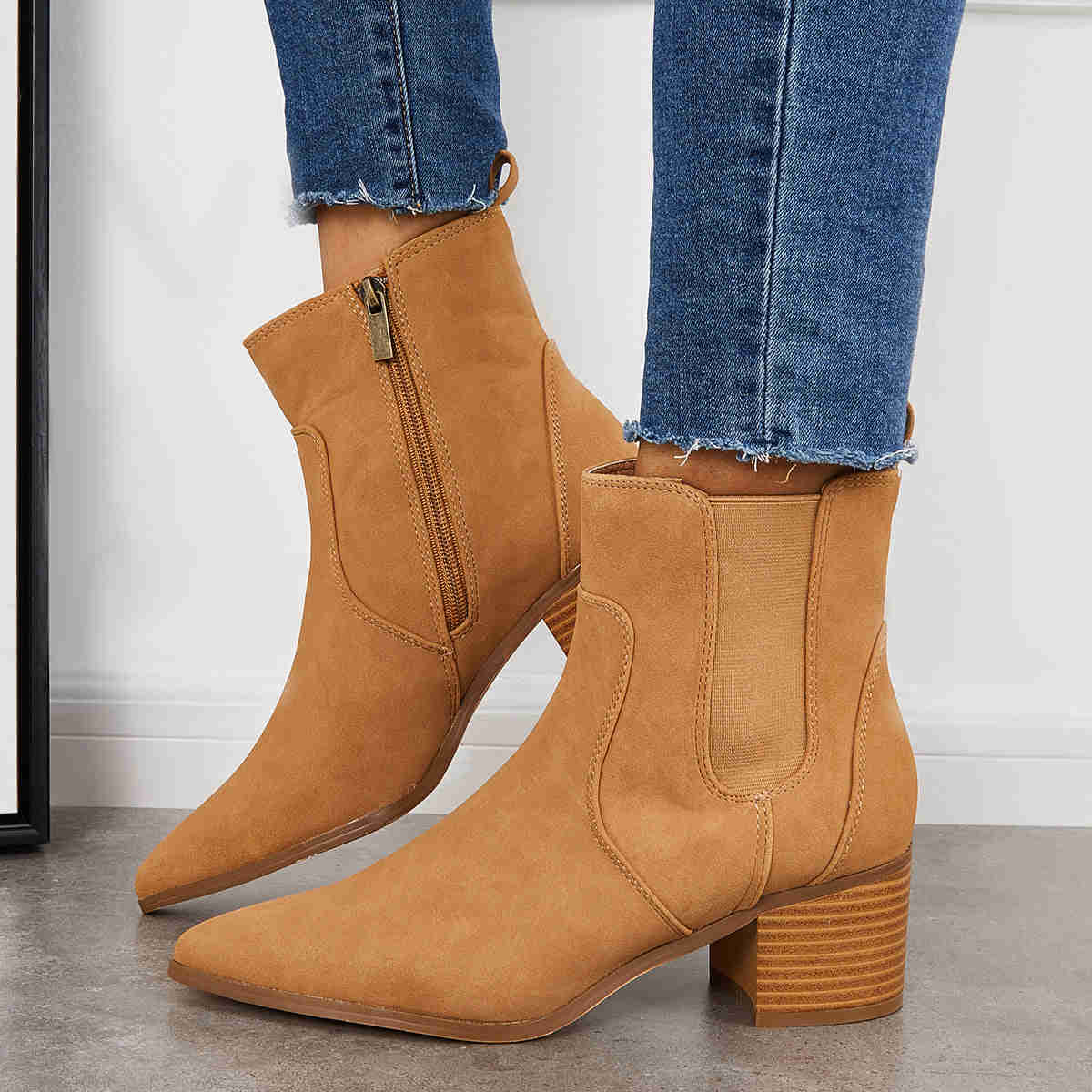 Pointed Toe Western Cowboy Booties Chunky Heel Chelsea Ankle Boots