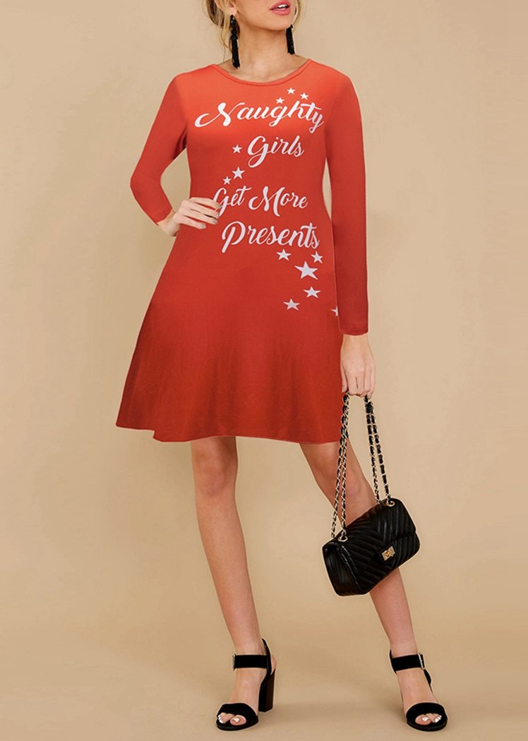 Fashion Christmas Letters Printing Round Neck Long Sleeve Flared Midi Dress