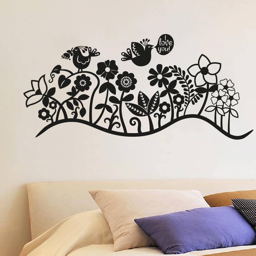 Flowers Floral Vinyl Wall Sticker - I Love You Bird Plants Garden Spring Silhouette Decal