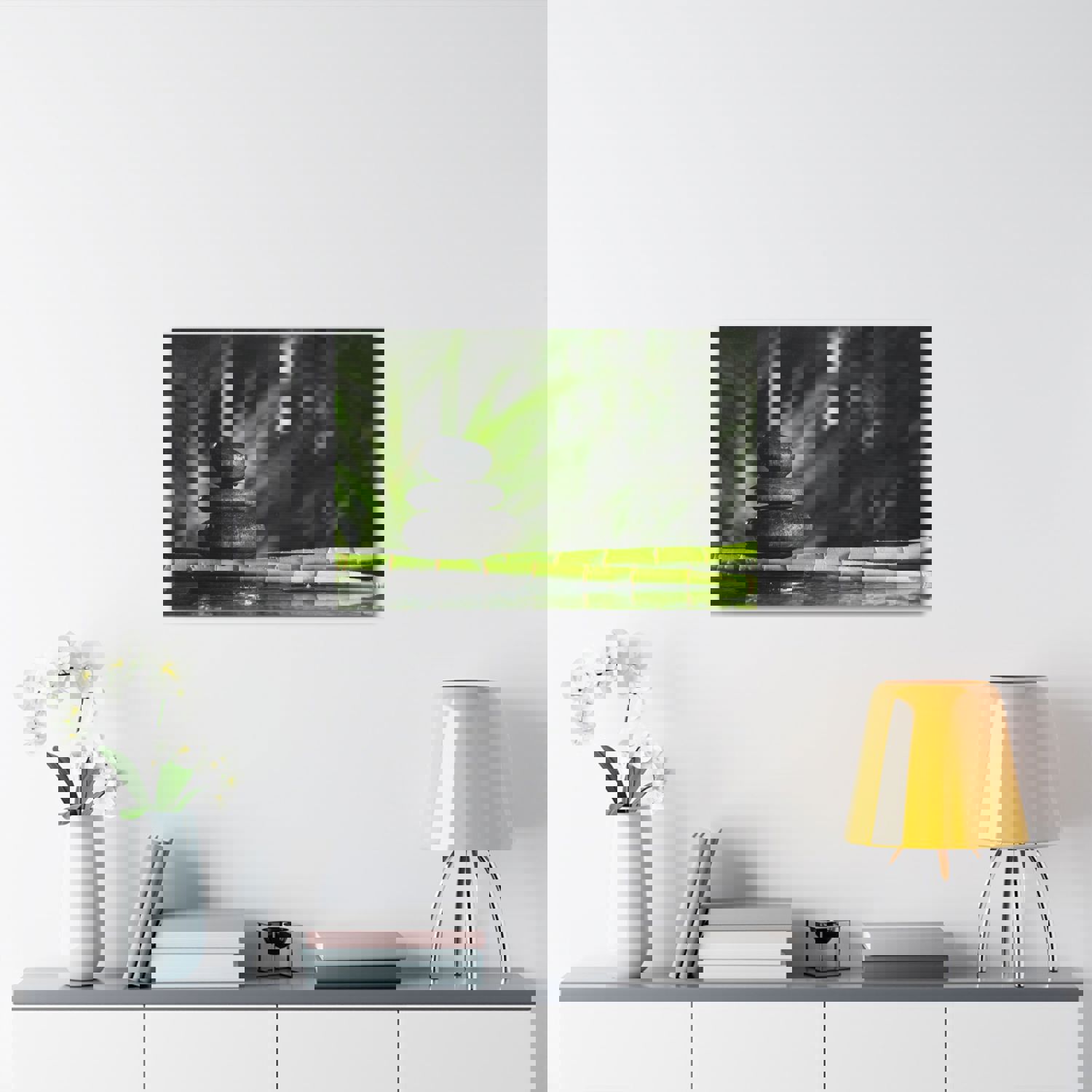 Stacked Stones on Bamboo Forest Floral Nature Photography Canvas Wall Art