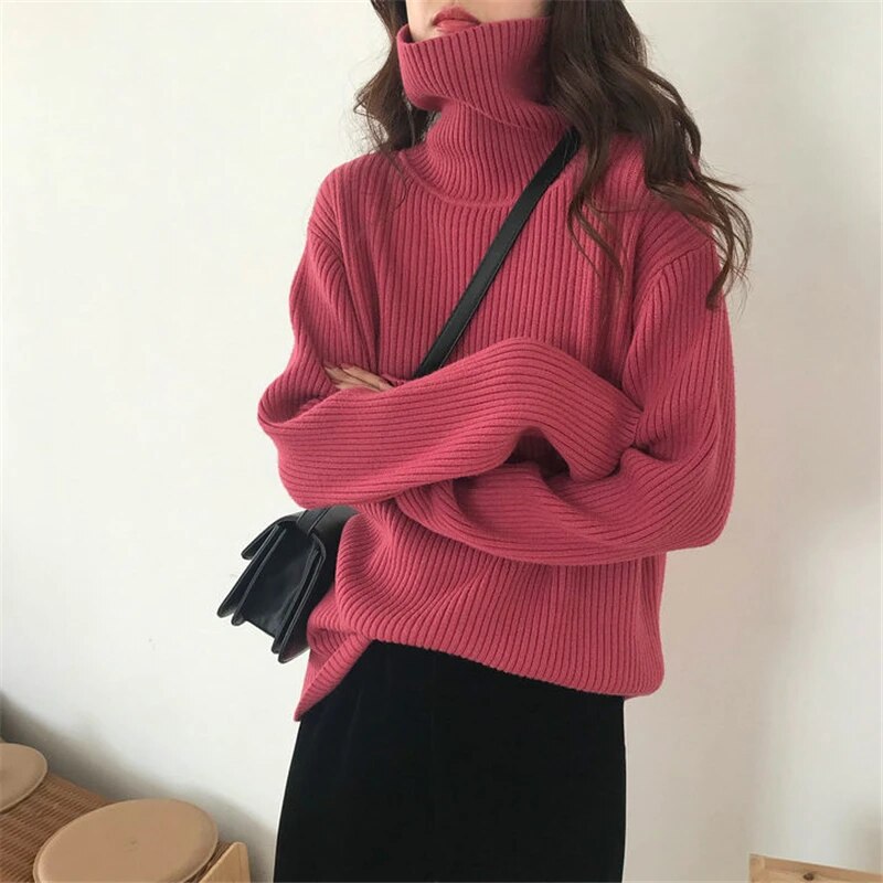 Nukty Turtleneck Knitted Women Sweater - Streetwear Long Sleeve Pullover