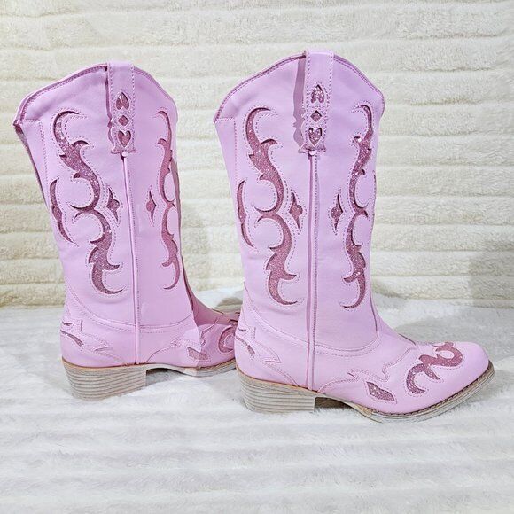 Dazzle Darlings Baby Pink Glitter Inset Cowboy Cowgirl Pull On Mid Calf Boots