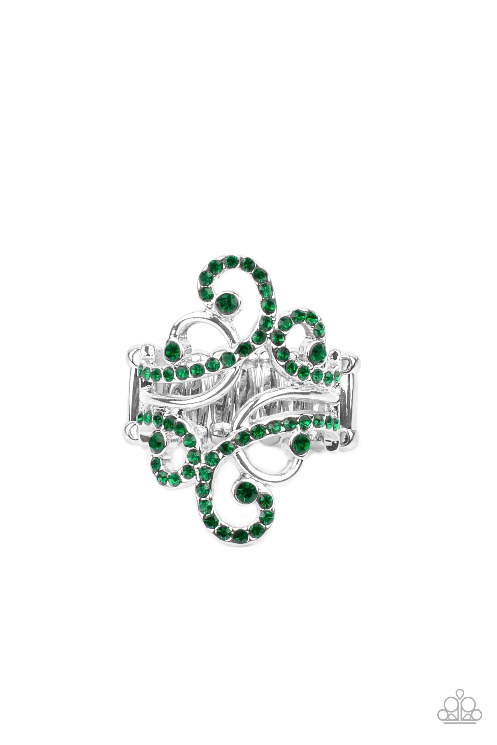 Billowing Beauty - Green Rhinestone Stretch Ring