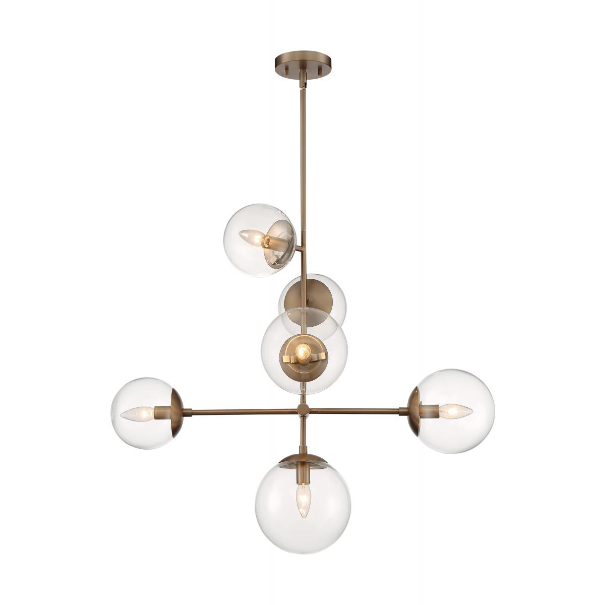 SKY 6 LIGHT PENDANT - Modern Chandelier with Clear Glass and Burnished Brass Finish