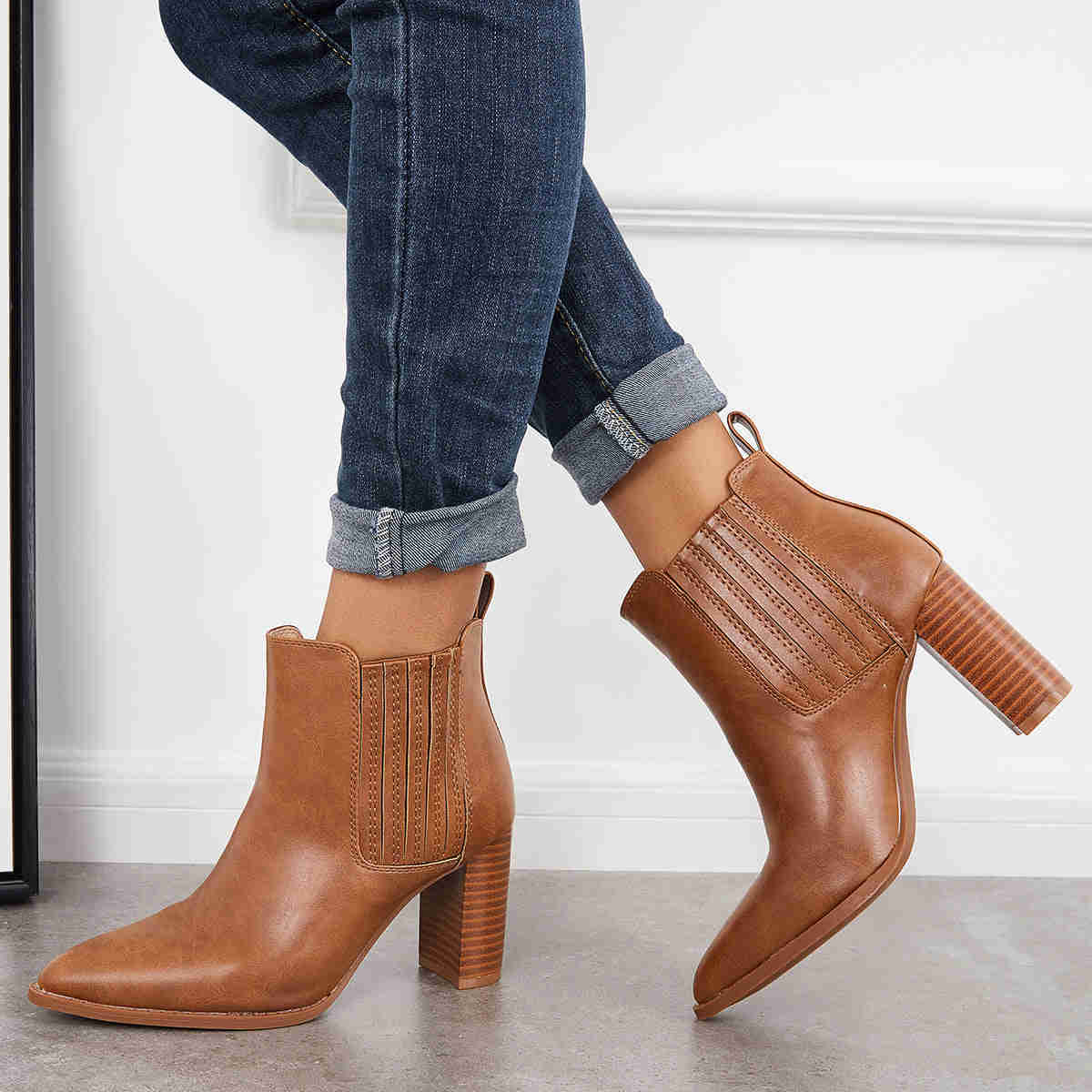 Pointed Toe Chunky High Heel Ankle Boots Slip on Western Booties