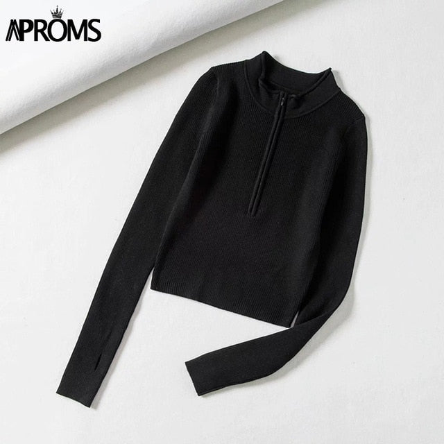 Aproms Elegant High Neck Zipper Front Knitted Sweater for Women