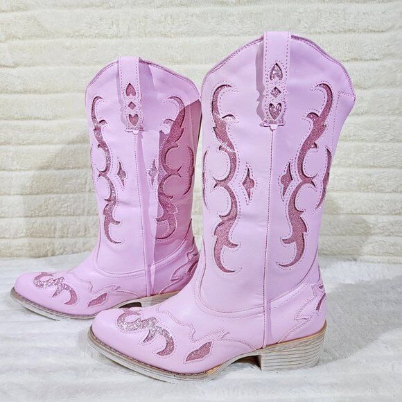 Dazzle Darlings Baby Pink Glitter Inset Cowboy Cowgirl Pull On Mid Calf Boots