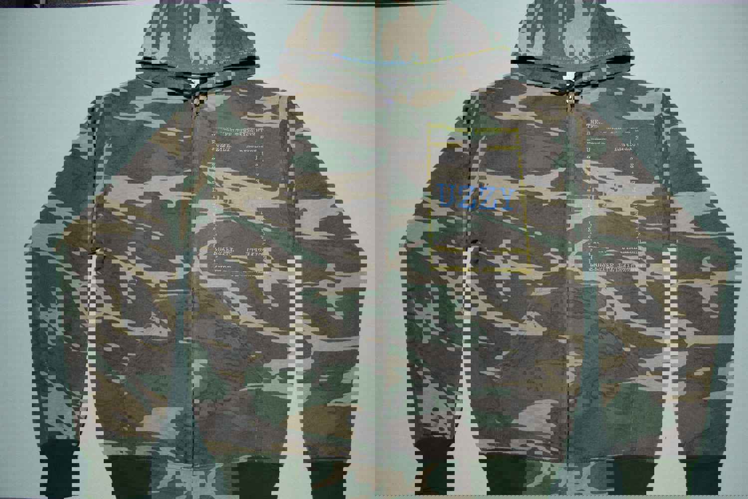 UZZY Fuzzy Felt Custom Hand Printed Logo On Camo Vintage Hoodie Sweatshirt