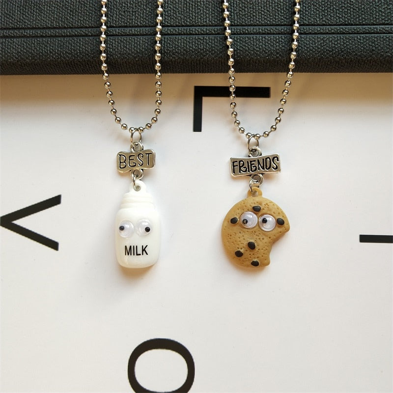 2 pieces / set Cute Cookies and Milk Cup Food Pendant Necklace Friends Men and Girls Couple Necklaces Birthday Gift Jewelry