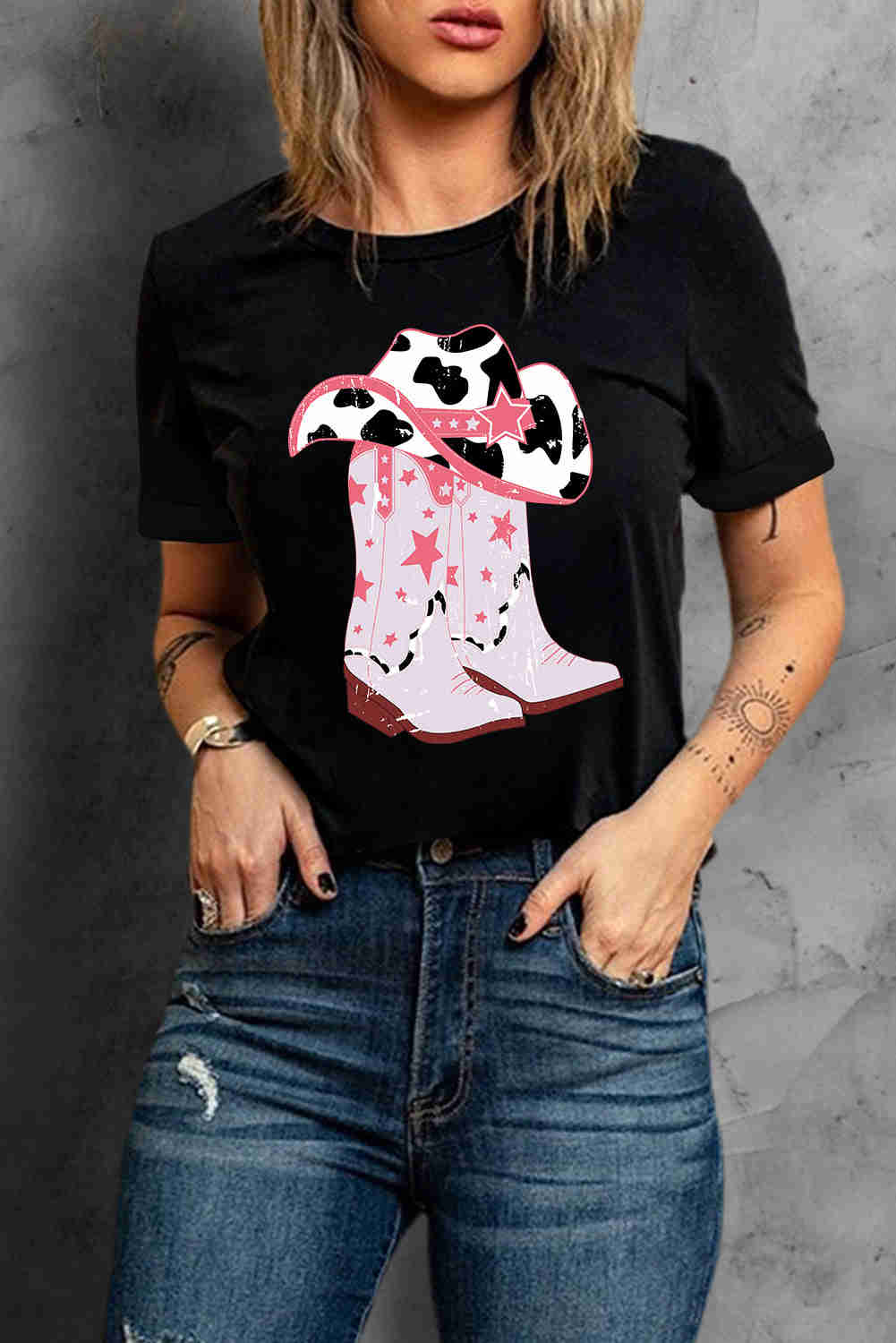 Cowboy Hat and Boots Graphic Tee - Casual Round Neck Short Sleeve T-Shirt