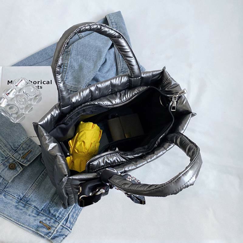 Large Capacity Down Handbag with Detachable Strap for Women