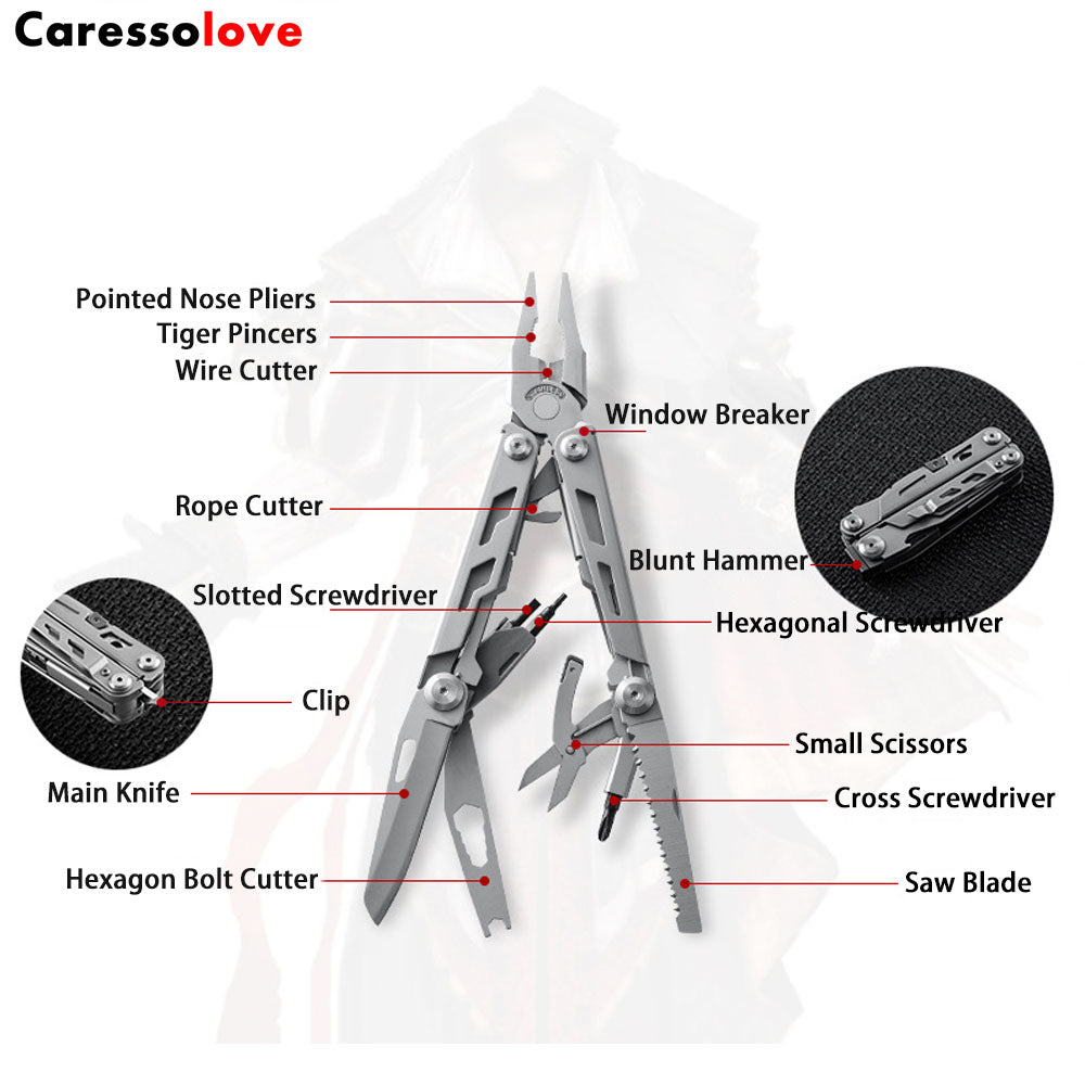 Caressolove EDC Outdoor Survival Gear Multi Tool Pliers, 14-In-1 Stainless Steel Multitool Tactical Knives For Men