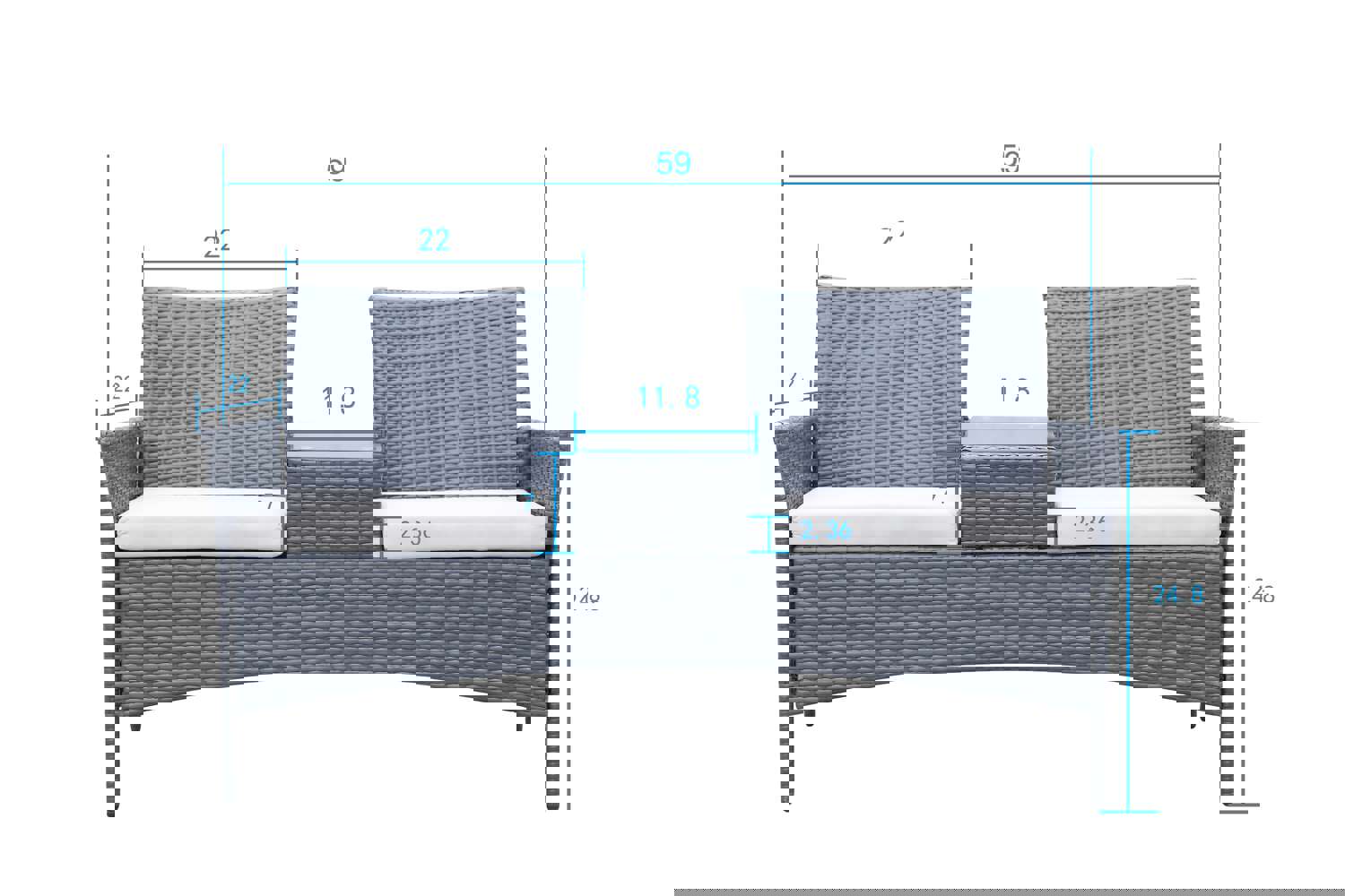 Patio Loveseat Furniture Set, Rattan Wicker Outdoor Set with Removable Cushions and Tempered Glass Table (Dark Brown)