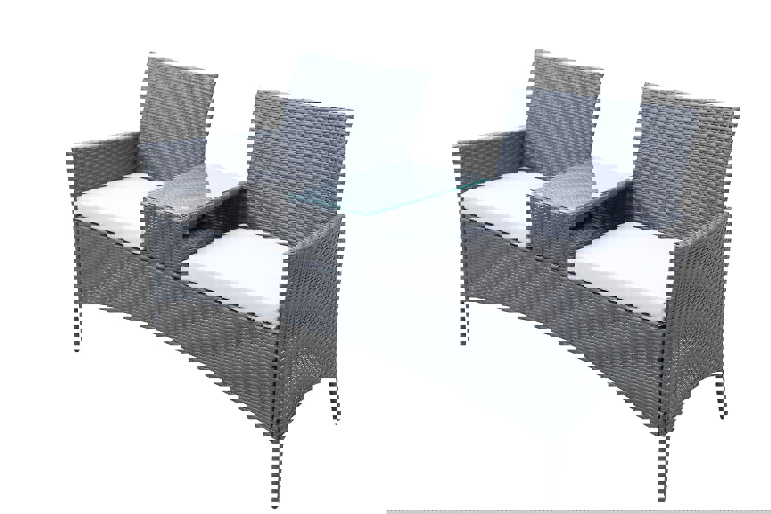 Patio Loveseat Furniture Set, Rattan Wicker Outdoor Set with Removable Cushions and Tempered Glass Table (Dark Brown)