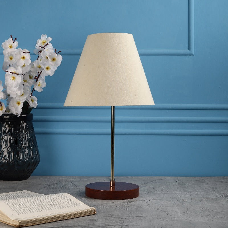 BTR CRAFTS Light Gold Rod & Brown Wooden Base Table Lamp with Conical Lampshade