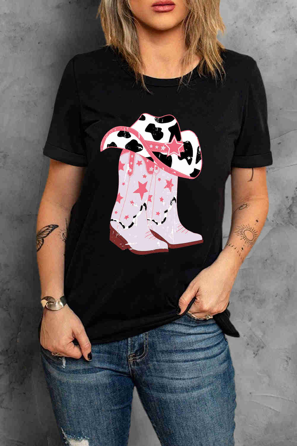 Cowboy Hat and Boots Graphic Tee - Casual Round Neck Short Sleeve T-Shirt