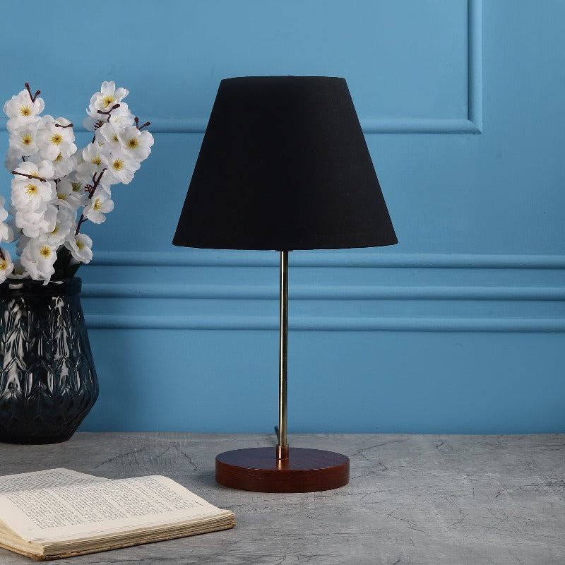 BTR CRAFTS Light Gold Rod & Brown Wooden Base Table Lamp with Conical Lampshade