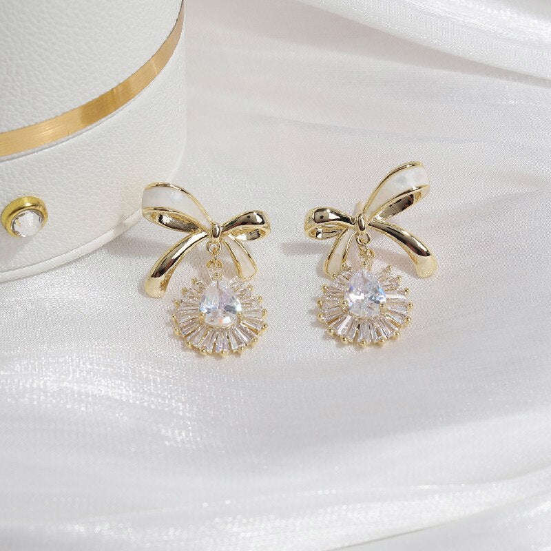 Korean Sweet Dripping Bowknot Zircon Pendant Earrings for Women