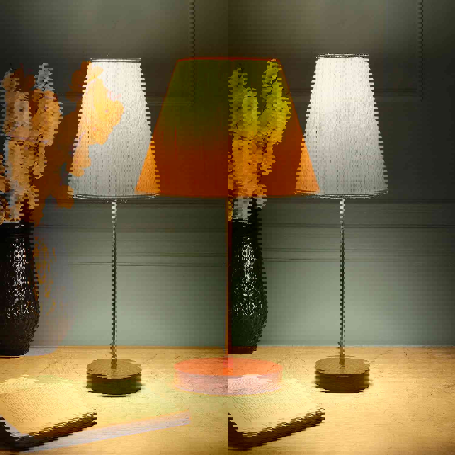 BTR CRAFTS Light Gold Rod & Brown Wooden Base Table Lamp with Conical Lampshade