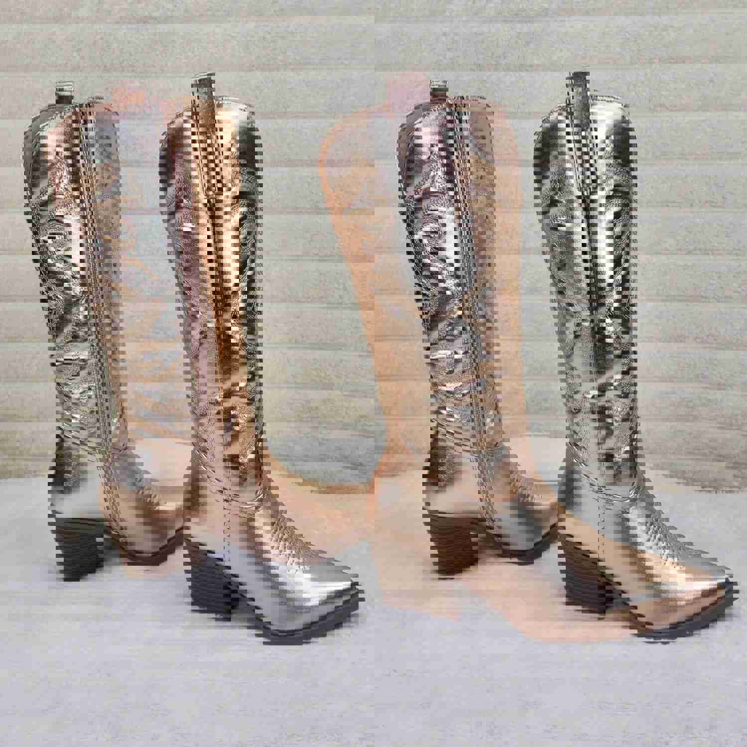 Disco Cowgirl Metallic Rose Gold Cowboy Knee Boots with Western Block Heels