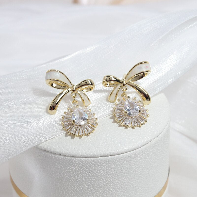 Korean Sweet Dripping Bowknot Zircon Pendant Earrings for Women