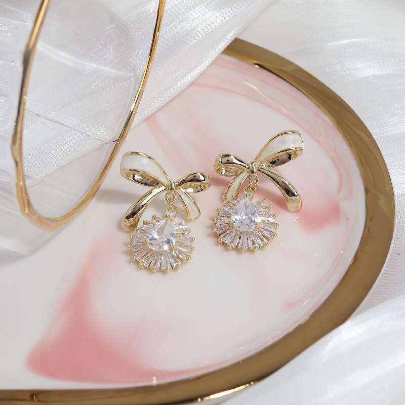 Korean Sweet Dripping Bowknot Zircon Pendant Earrings for Women