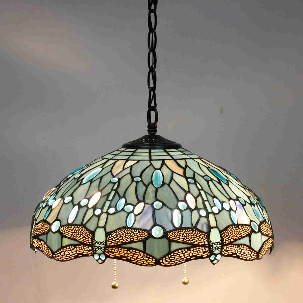 Tiffany Hanging Light Werfactory® Pendant Lamp Fixture Sea Blue Stained Glass Dragonfly 16 Inch