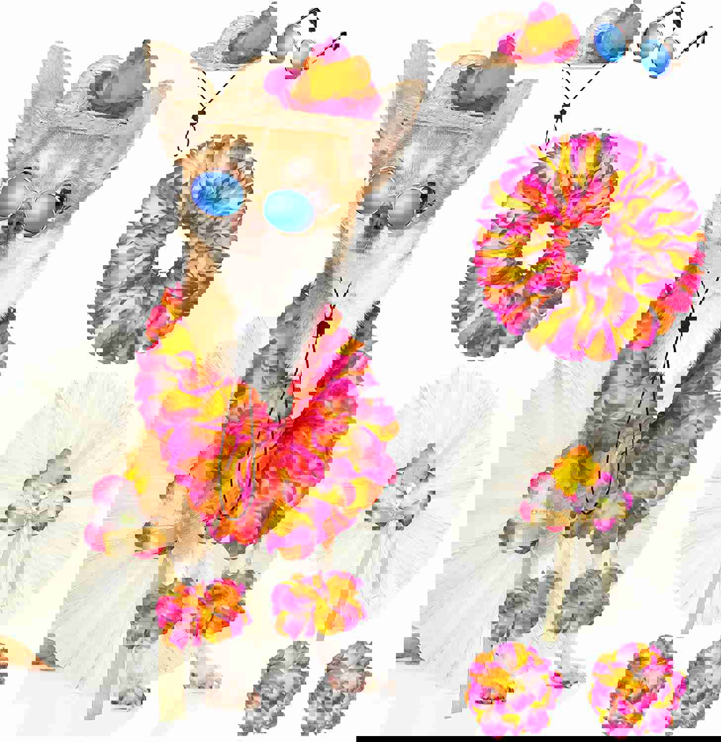 6 Pcs Halloween Pet Dog Hawaiian Costume Set with Tutu Skirt, Sunglasses, and Accessories