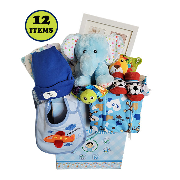 Blue Baby Boy Bundle Gift Set with Essentials, Toys & Accessories for 1st Year (12 Items)