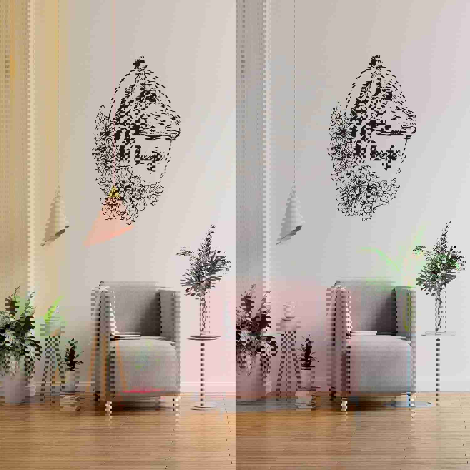 Giraffe Vinyl Wall Art Sticker Decal - Beautiful Giraffe Silhouette with Cute Flowers