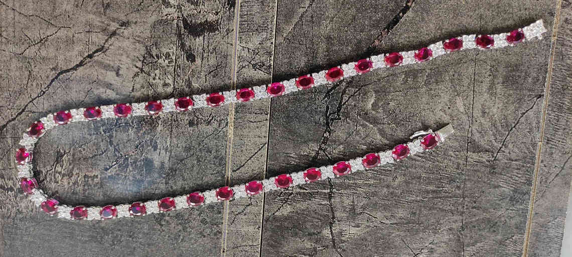 Oval & Round Cut Ruby and VVS Diamond Tennis Necklace 14K Yellow Gold Over