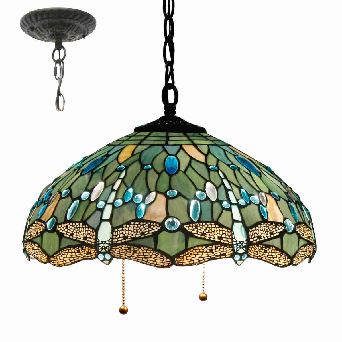 Tiffany Hanging Light Werfactory® Pendant Lamp Fixture Sea Blue Stained Glass Dragonfly 16 Inch