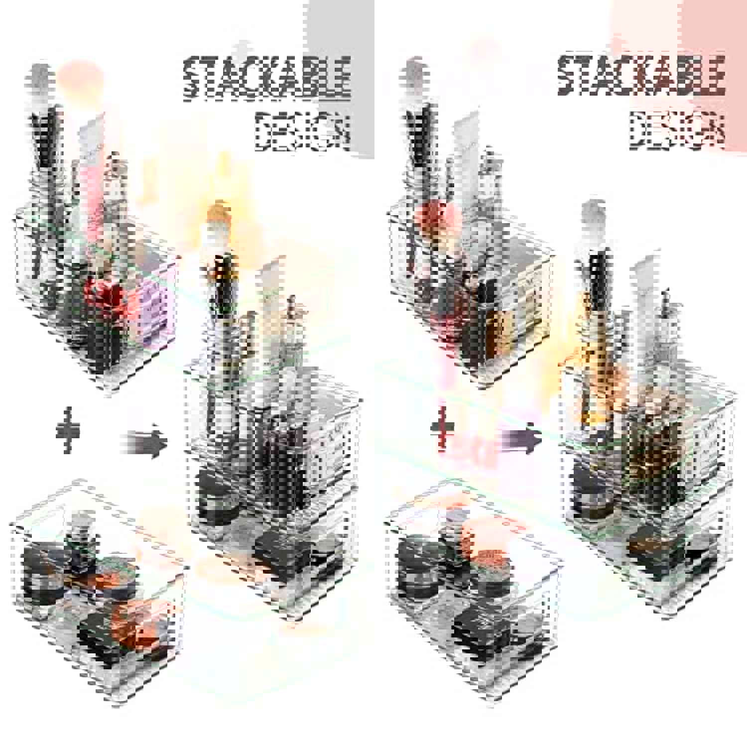 HERKKA Stackable Refrigerator Organizer Bins, 4 Large and 4 Medium Clear Plastic Fridge Organizers with Handles