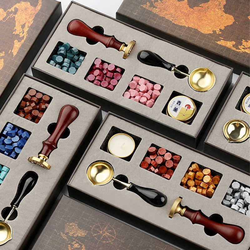 6pcs/set DIY Wax Seal Map Gift Box Kit with Detachable Stamp Spoon and Sealing Beads for Wedding Packaging and Crafts