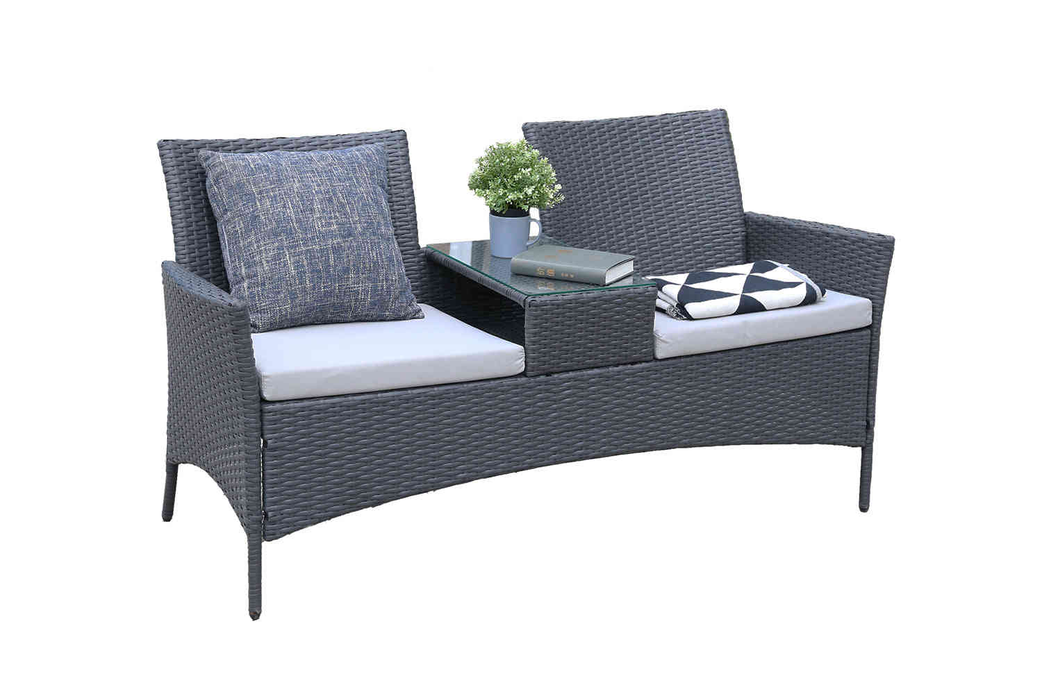 Patio Loveseat Furniture Set, Rattan Wicker Outdoor Set with Removable Cushions and Tempered Glass Table (Dark Brown)