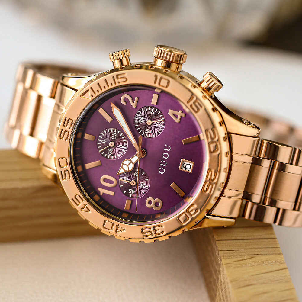 GUOU Women's Watch - Fashion Trend Large Dial Calendar Korean Style Steel Band Quartz Watch