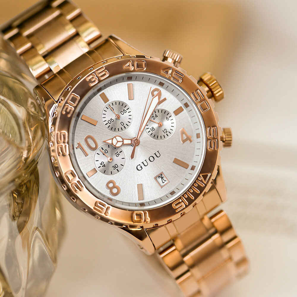GUOU Women's Watch - Fashion Trend Large Dial Calendar Korean Style Steel Band Quartz Watch