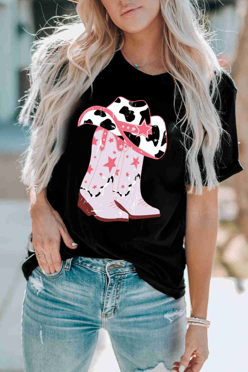 Cowboy Hat and Boots Graphic Tee - Casual Round Neck Short Sleeve T-Shirt
