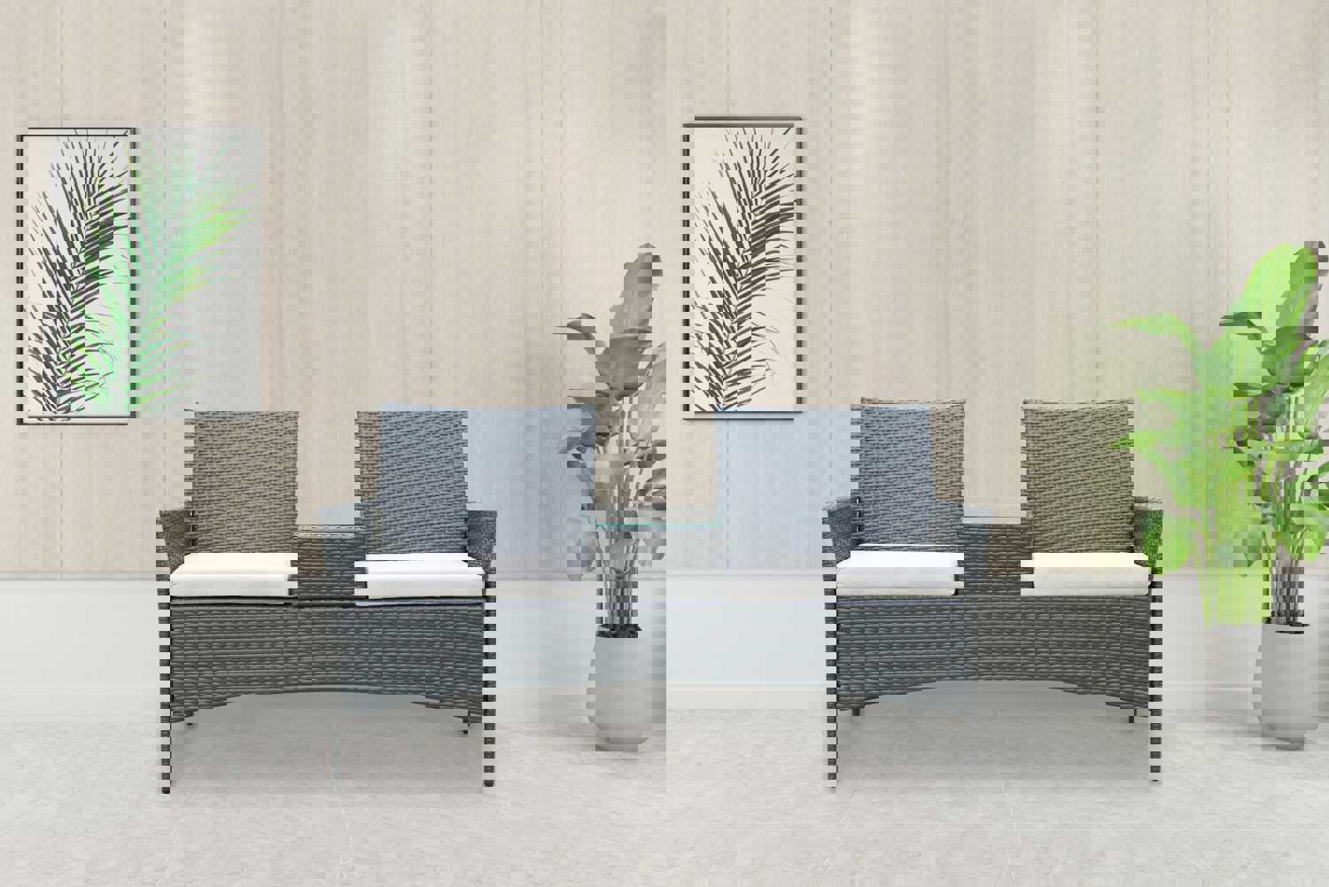 Patio Loveseat Furniture Set, Rattan Wicker Outdoor Set with Removable Cushions and Tempered Glass Table (Dark Brown)