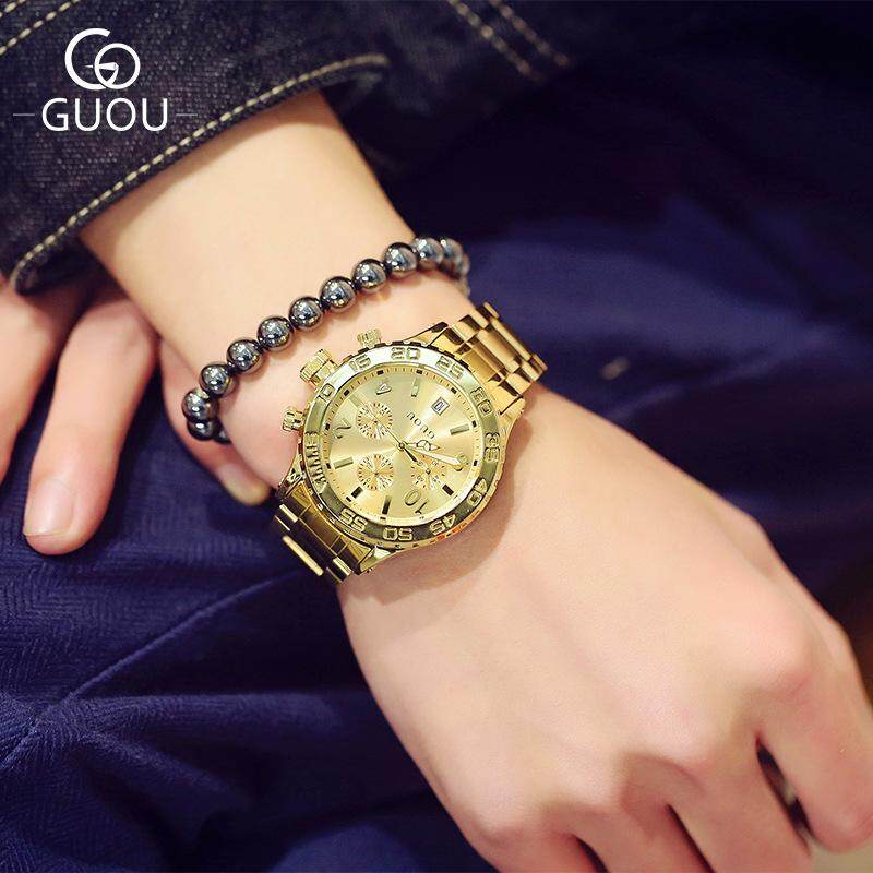 GUOU Women's Watch - Fashion Trend Large Dial Calendar Korean Style Steel Band Quartz Watch