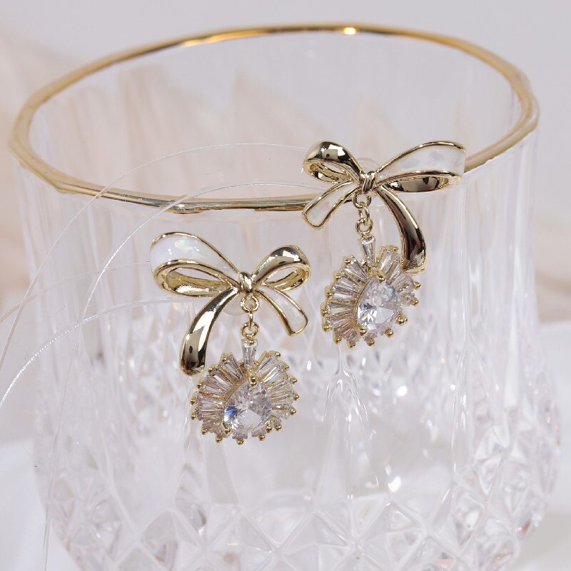 Korean Sweet Dripping Bowknot Zircon Pendant Earrings for Women