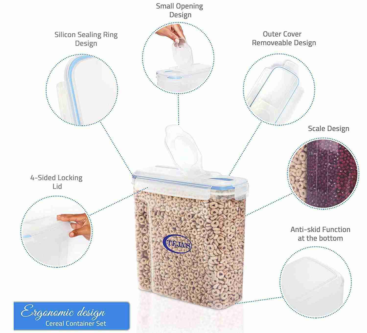 Teja’s Airtight Plastic Dry Food Storage Containers - BPA Free, 4 Side Locking System for Sugar, Pulses, Nuts & Snacks