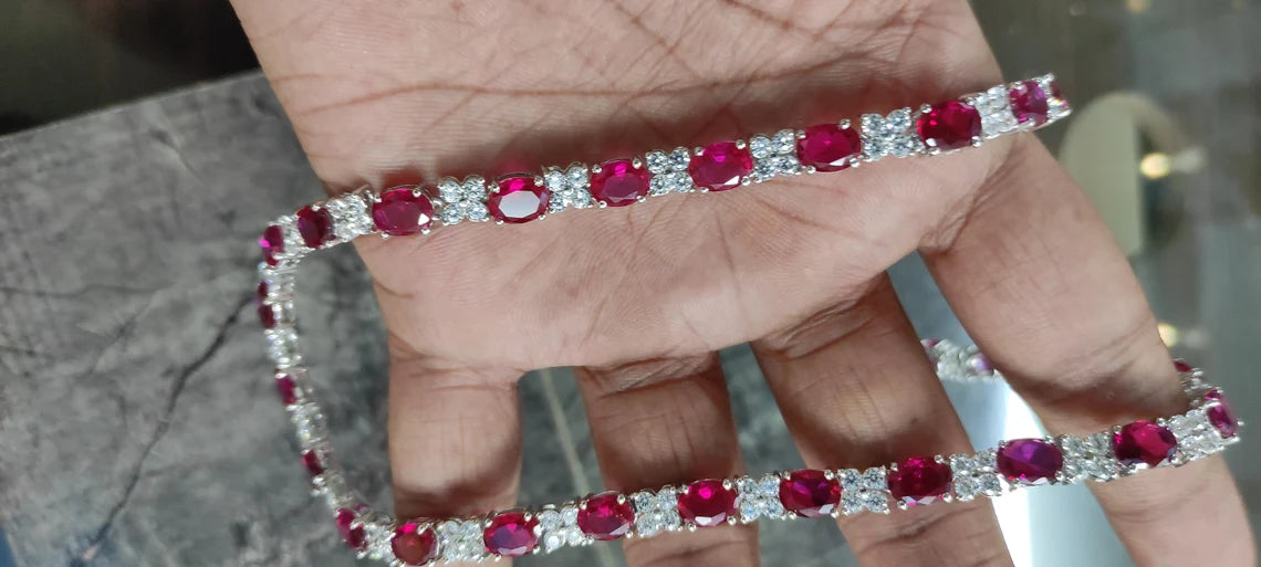 Oval & Round Cut Ruby and VVS Diamond Tennis Necklace 14K Yellow Gold Over