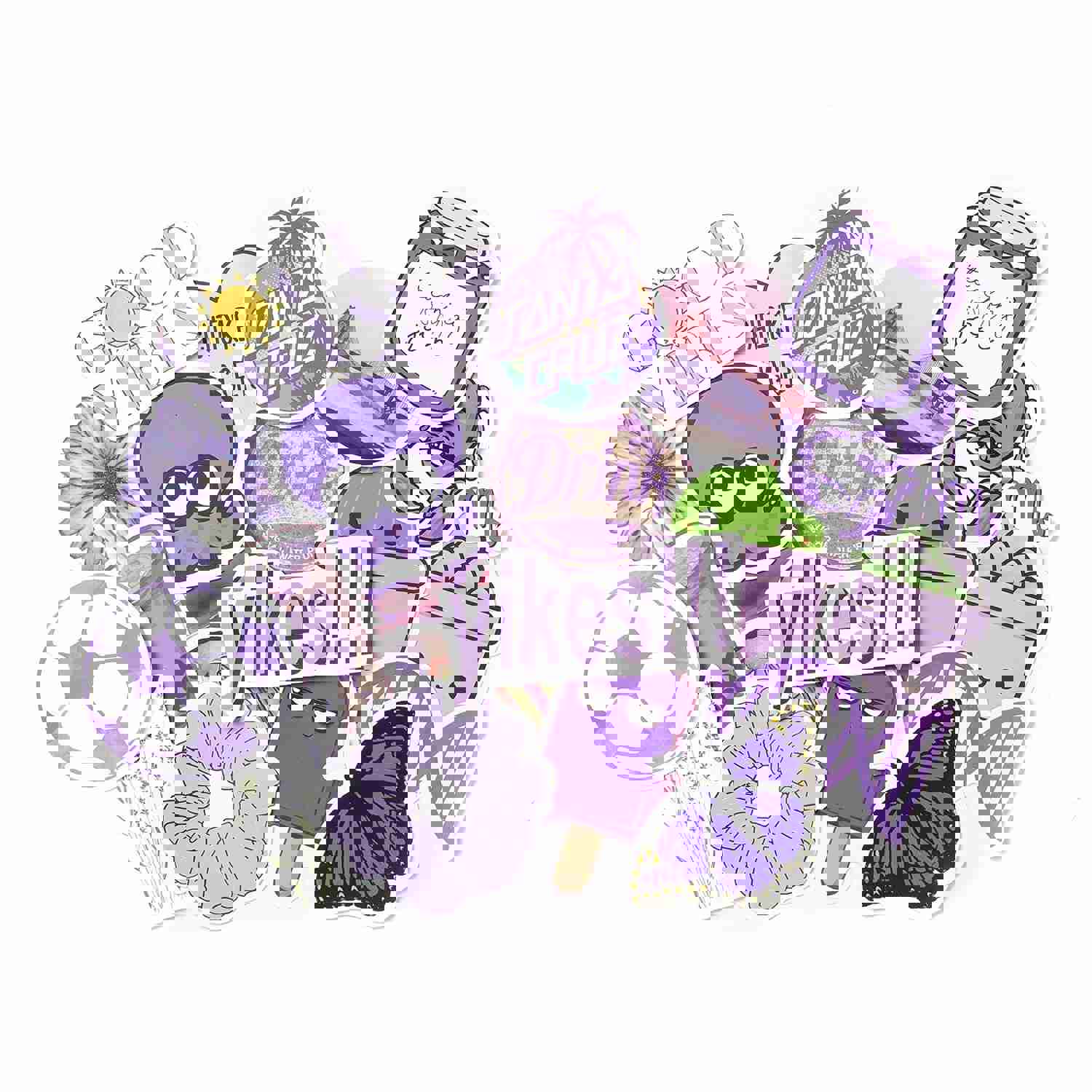 Craspire Mix Pattern Cartoon Stickers - Vinyl Waterproof Decals for Bottles, Laptops & More (50pcs, Lilac)