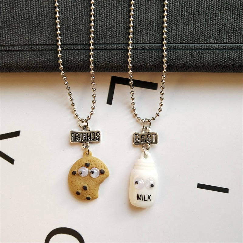 2 pieces / set Cute Cookies and Milk Cup Food Pendant Necklace Friends Men and Girls Couple Necklaces Birthday Gift Jewelry