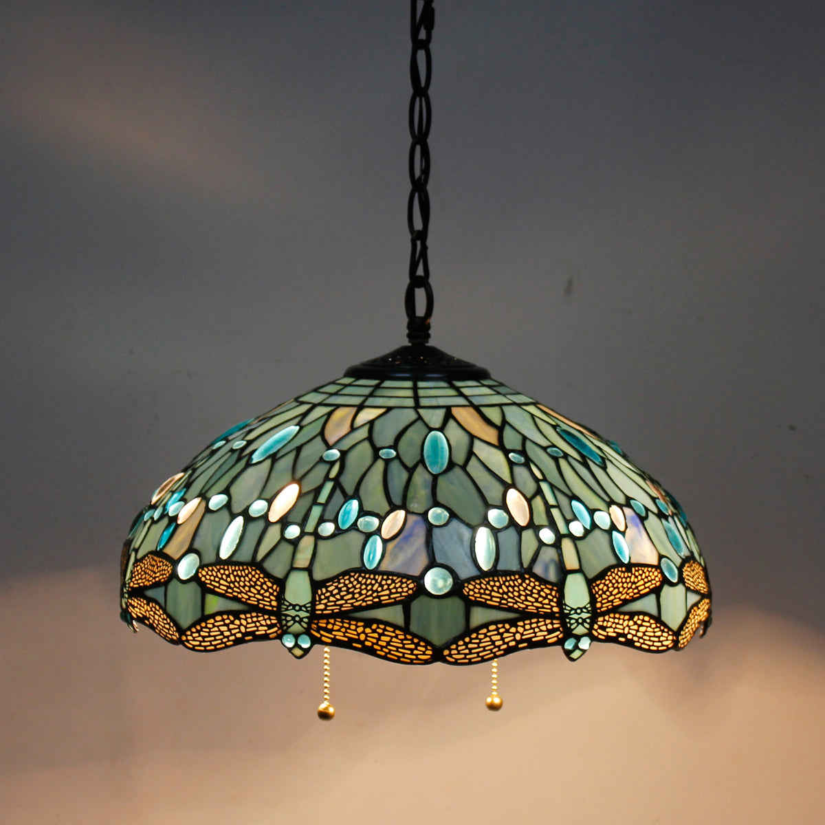 Tiffany Hanging Light Werfactory® Pendant Lamp Fixture Sea Blue Stained Glass Dragonfly 16 Inch