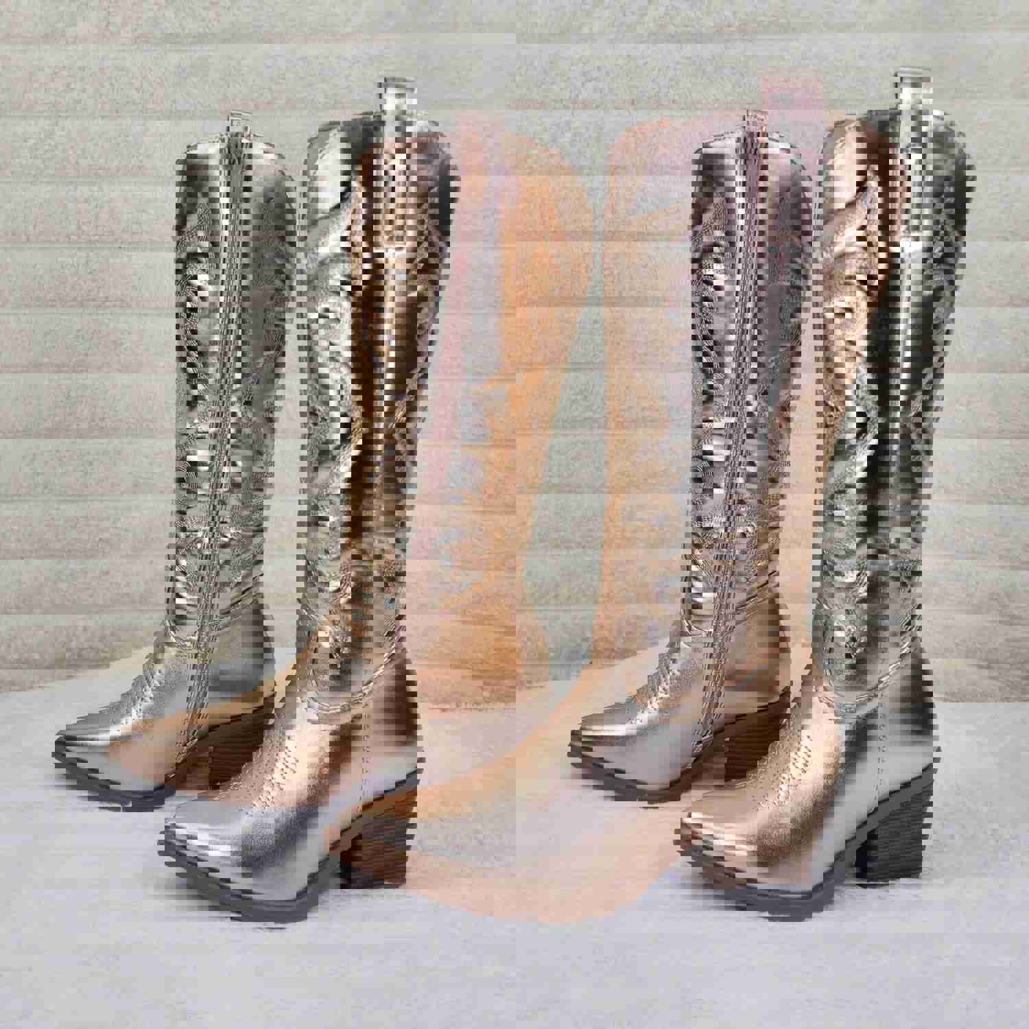 Disco Cowgirl Metallic Rose Gold Cowboy Knee Boots with Western Block Heels