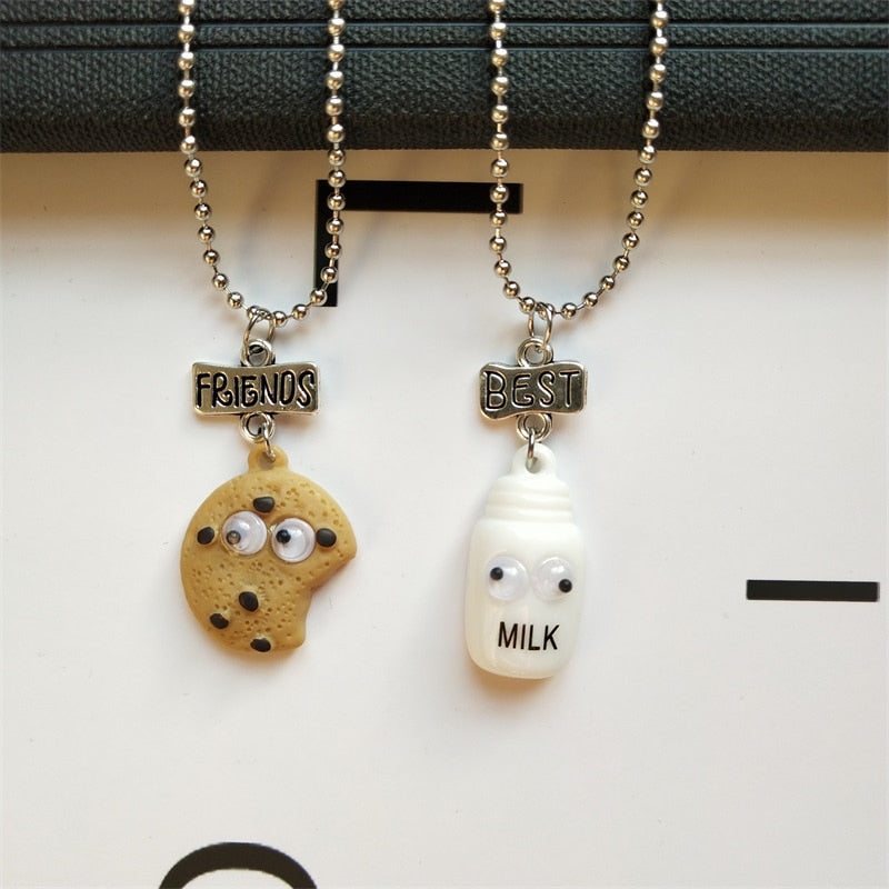 2 pieces / set Cute Cookies and Milk Cup Food Pendant Necklace Friends Men and Girls Couple Necklaces Birthday Gift Jewelry